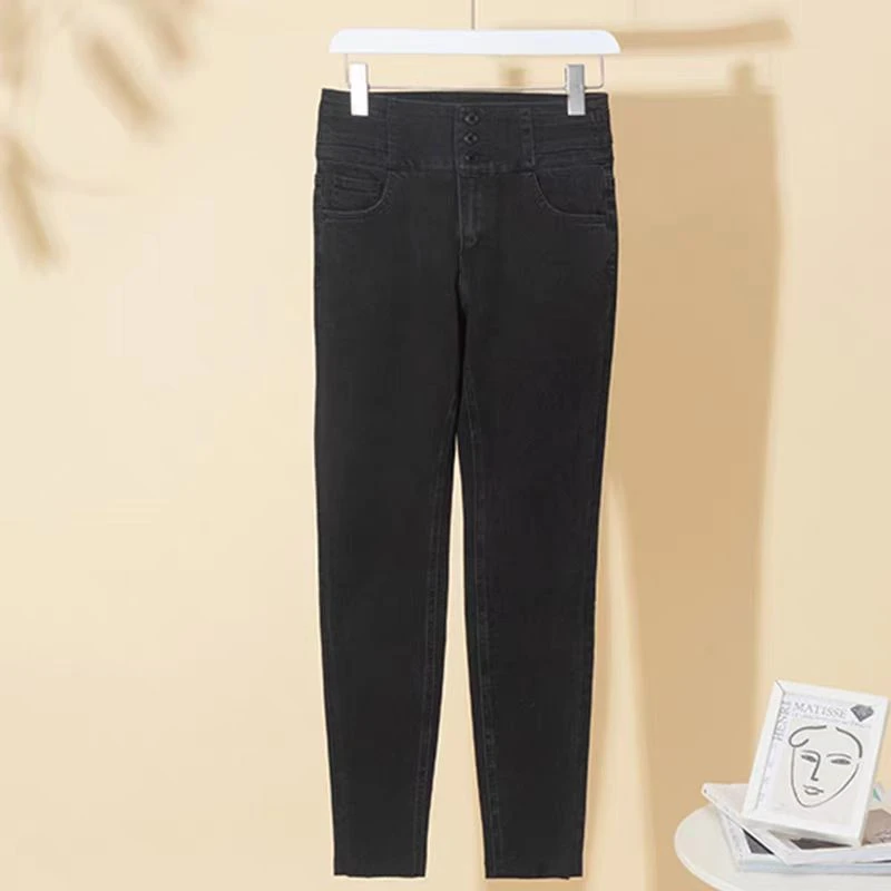 春秋休闲裤时尚百搭打底黑色加绒底裤弹力牛仔裤春季外穿修身九分