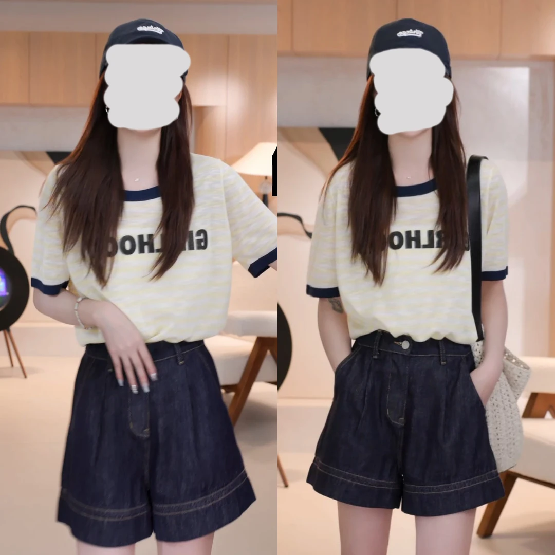 复古时尚薄款慵懒风休闲撞色领条纹字母针织衫女2025夏季上衣