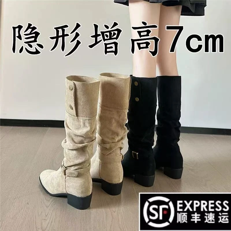 真皮~绒面长筒靴女翻领两穿弹力瘦瘦靴内增高复古长靴堆褶皱堆靴