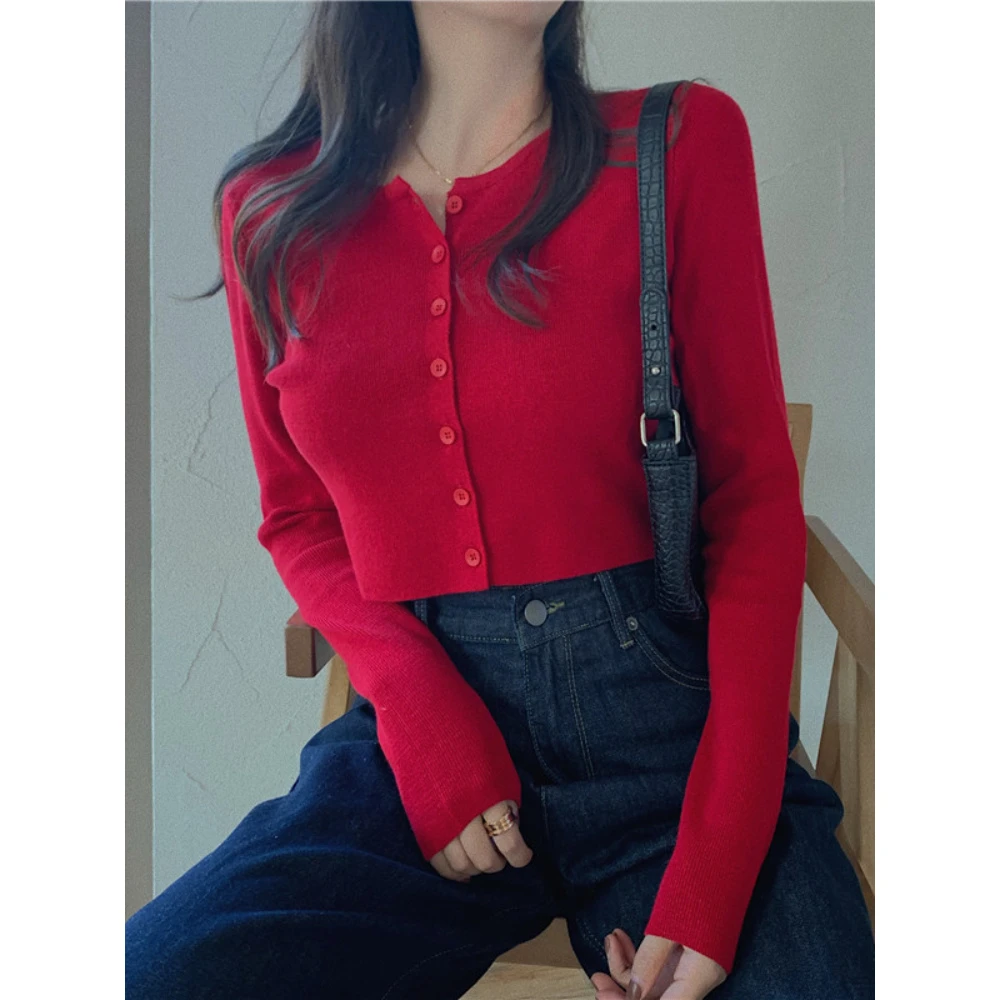短款上衣女长袖外搭修身针织开衫网红防晒衫红色