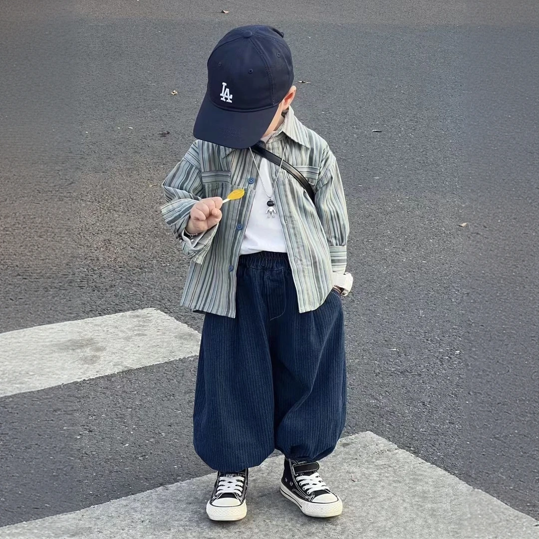 男童套装条纹衬衫春秋2025韩版森系灯芯绒衬衣宽松灯笼裤两件套潮