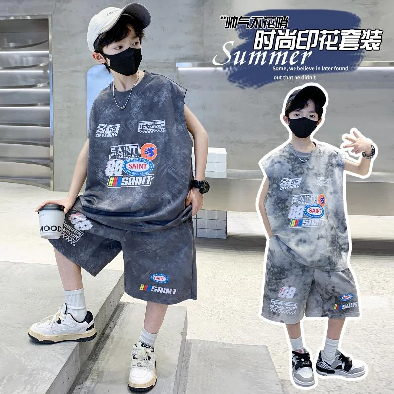 FAVMARTHA男童无袖套装夏季纯棉背心短裤两件套痞帅脏脏风中大儿