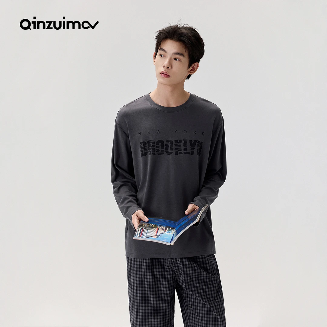 亲嘴猫【巨柔软】莫代尔棉休闲可外穿男士长袖春秋睡衣家居服套装