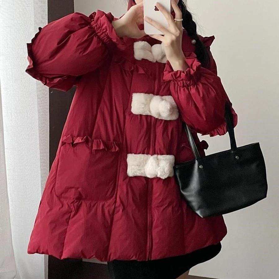 圣诞红色羽绒服女加厚立领甜美国风A版宽松边拼接小个子外套