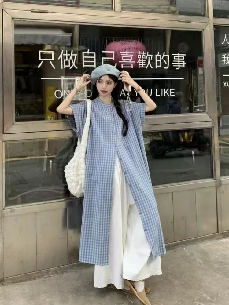小个子叠穿两件套150韩系设计感宽松中长格子衬衣裙＋阔腿裤裙xs