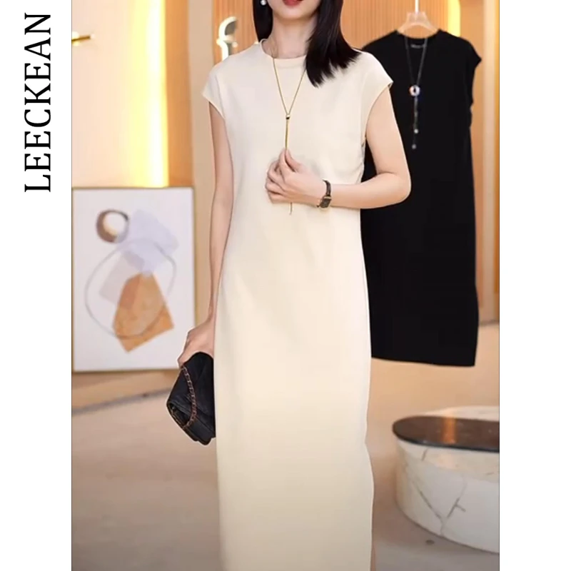 【尖货甄选】轻奢奶杏色直筒连衣裙女2025夏季新款爆款显瘦长款裙子