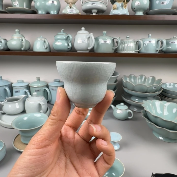 瓷片汝瓷葫芦杯圈足烧仿古月白釉开播福利
