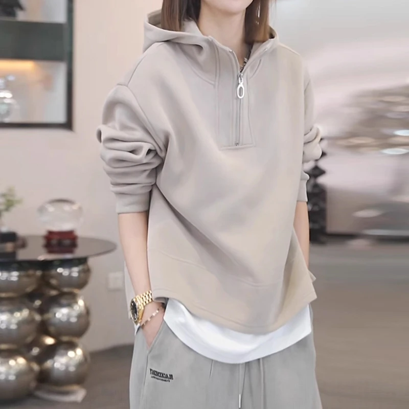 宽松简约百搭长袖上衣秋季新款胖MM大码女装假两件半拉链连帽卫衣