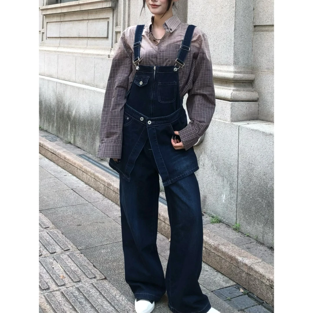 复古背带裤休闲牛仔假两件设计感宽松新款时尚高级百搭阔腿直筒裤