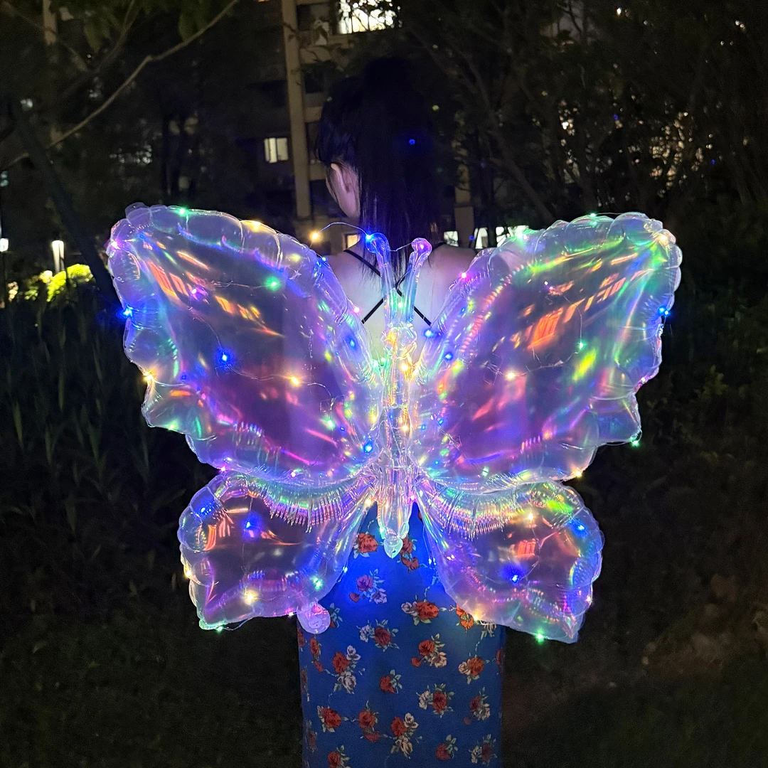 透明炫彩发光蝴蝶翅膀铝膜气球儿童生日派对场景户外装饰拍照道具