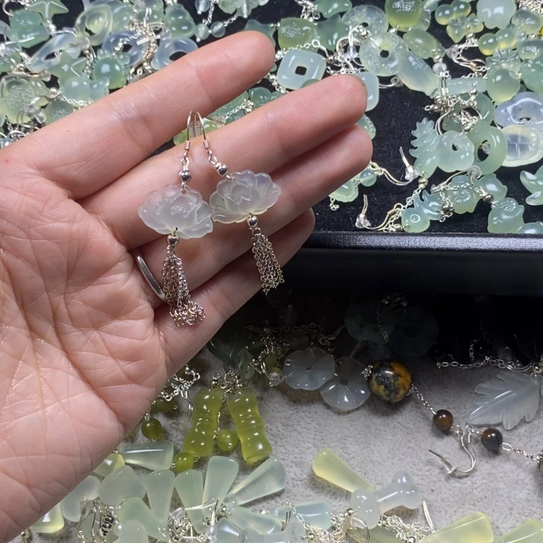 蛇纹石玉银S925镶嵌挂件耳饰耳环首饰