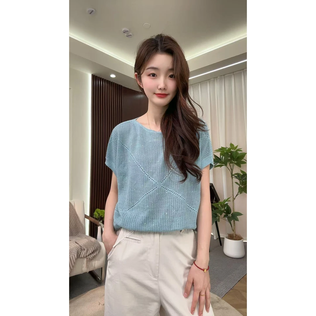 M5055 2025新款设计感慵懒风珠片镂空针织短袖