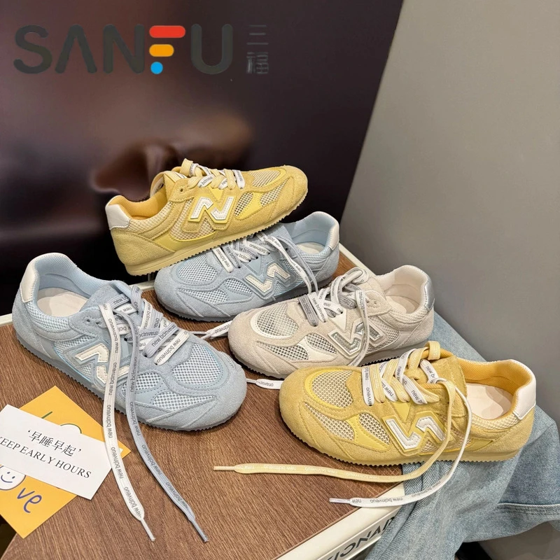三福奶油网面德训鞋女款2025爆款夏季网面透气小白鞋软底舒适女鞋