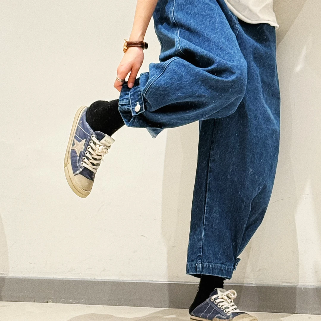 夏小朵 深蓝裤脚系扣牛仔裤 简约水洗做旧深色牛仔裤