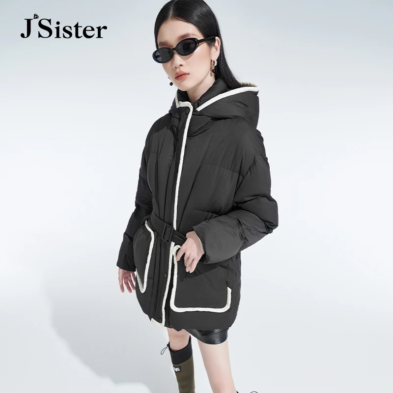 jsister 2024冬装新款 JS女装时尚黑色白包边连帽直筒羽绒服 外套