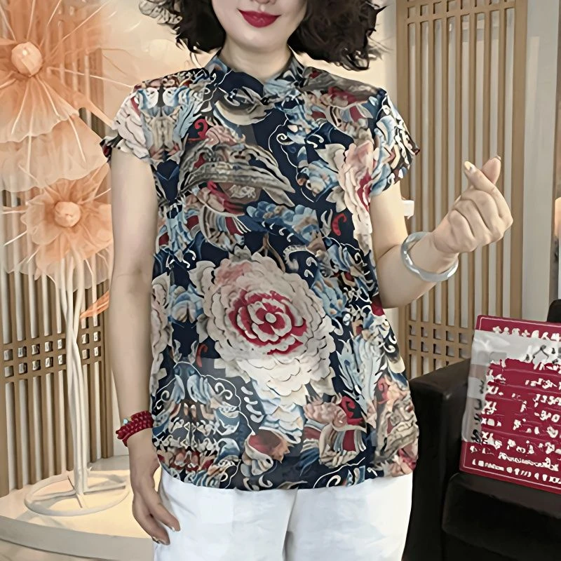 新中式高档洋气偏襟设计国风印花上衣夏季网红薄款高级遮肉衬衫