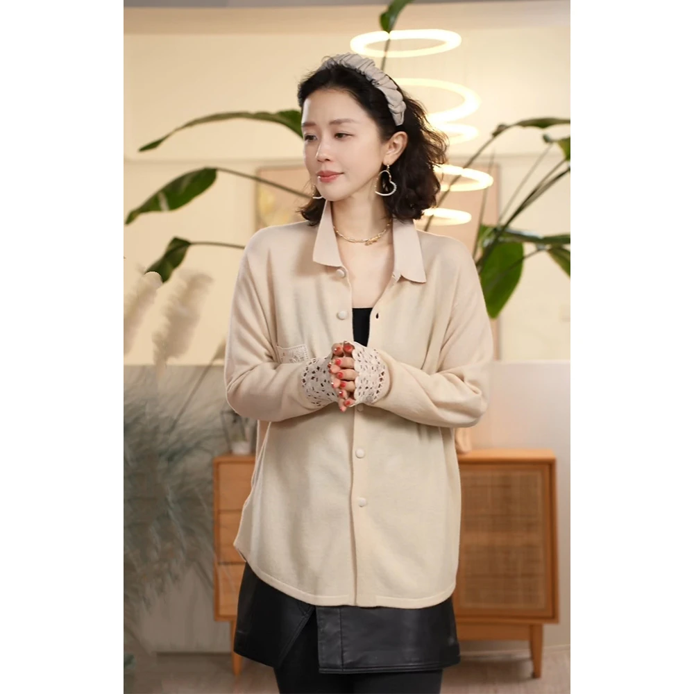 Y【叭哒不惑】日光 羊毛薄款翻领镂空拼接毛针织衫打底女上衣