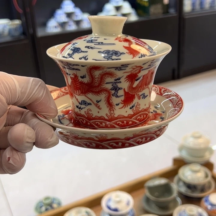 瓷片白青花釉里红九凤马蹄盖碗全品