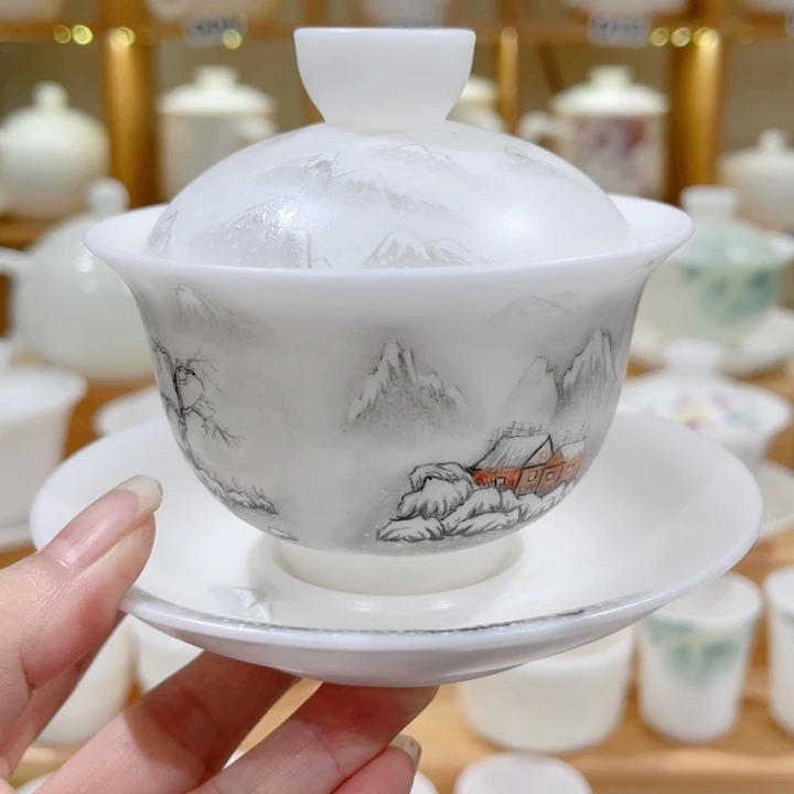 高冰手绘素烧远山雪景马蹄盖碗160