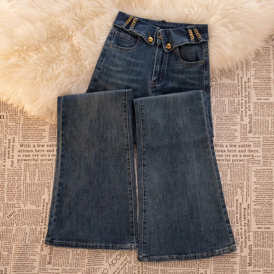 复古风微喇牛仔裤女秋季2025新款高腰显瘦弹力小个子拖地喇叭裤女