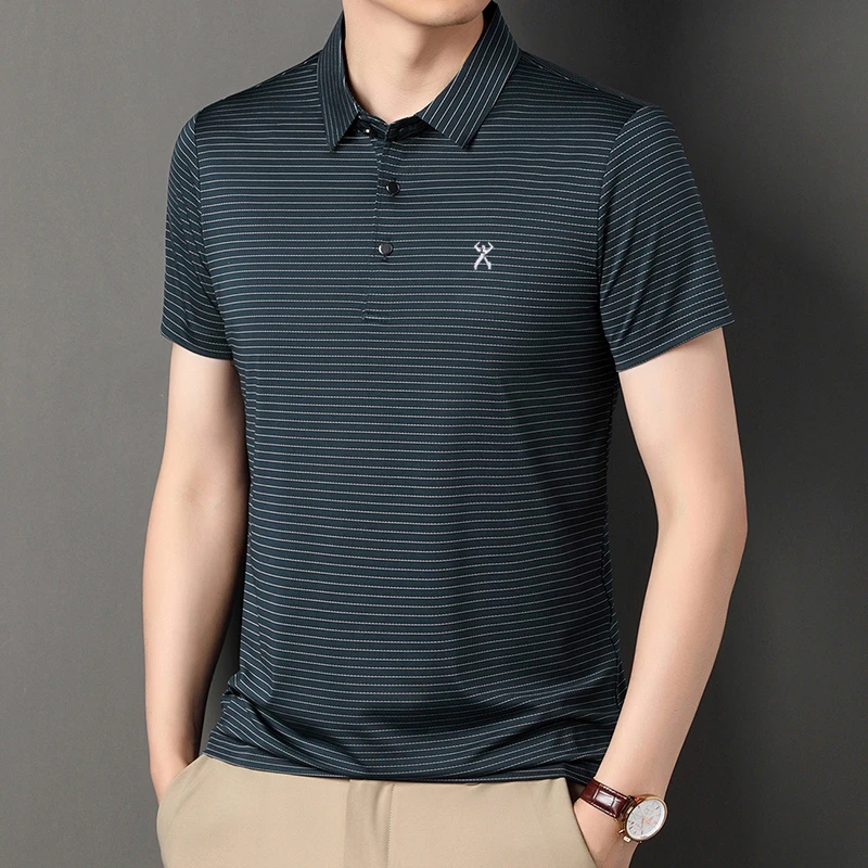 夏季新款劲霸世家短袖T恤衫含桑蚕丝翻领条纹polo衫免烫薄款上衣