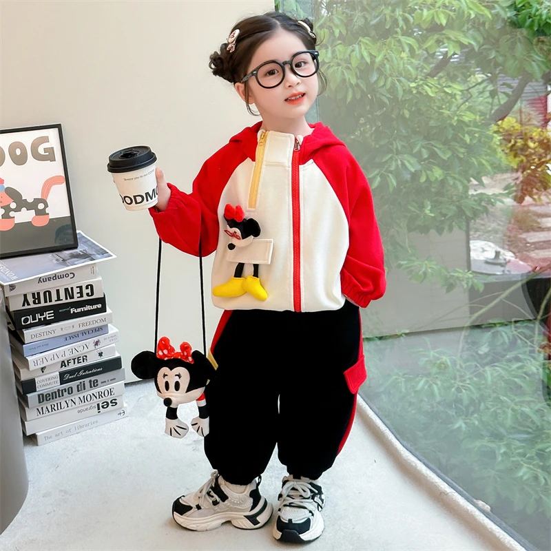女童米妮拼色卫衣套装春秋2025新款连帽绒衫两件套可爱超萌儿童装