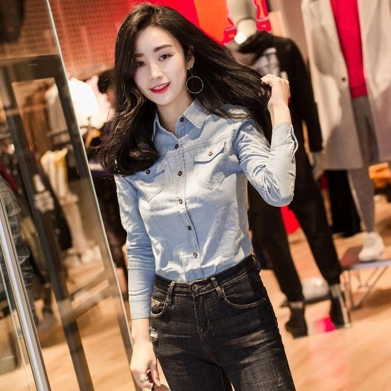 牛仔衬衫女生衬衣女长袖2021新款春装气质打底衫洋气上衣爆款外套
