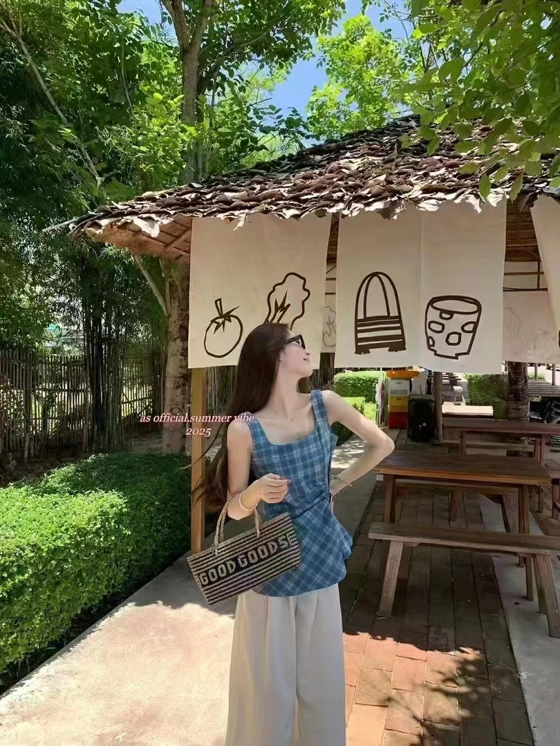 修身型格子短款辣妹风设计感背心通勤夏季INS风吊带