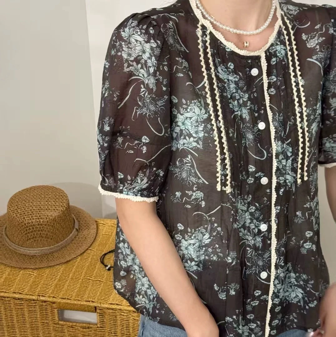 【心依阁铭品】25895波西米亚风印花短袖花边设计