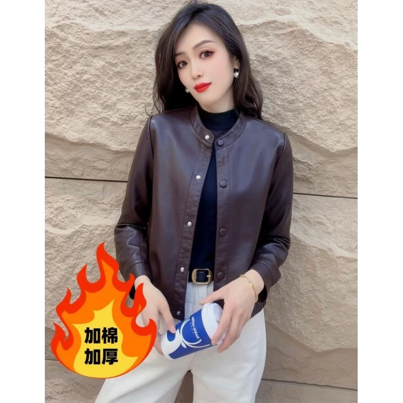 【加棉加厚】2025秋冬新款圆领时尚休闲中老年小个子皮衣外套女