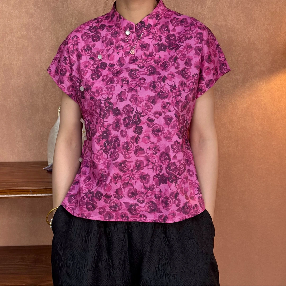 夏季新中式斜门襟印花短袖上衣女立领