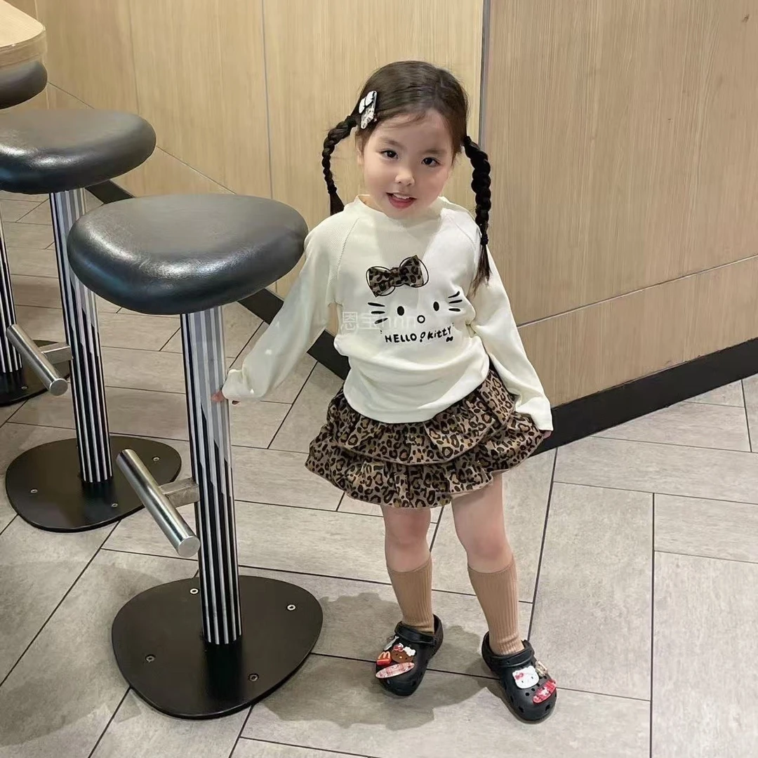 壹妈韩范童装女童时尚可爱套装秋季新款洋气女宝kt猫长袖豹纹半裙