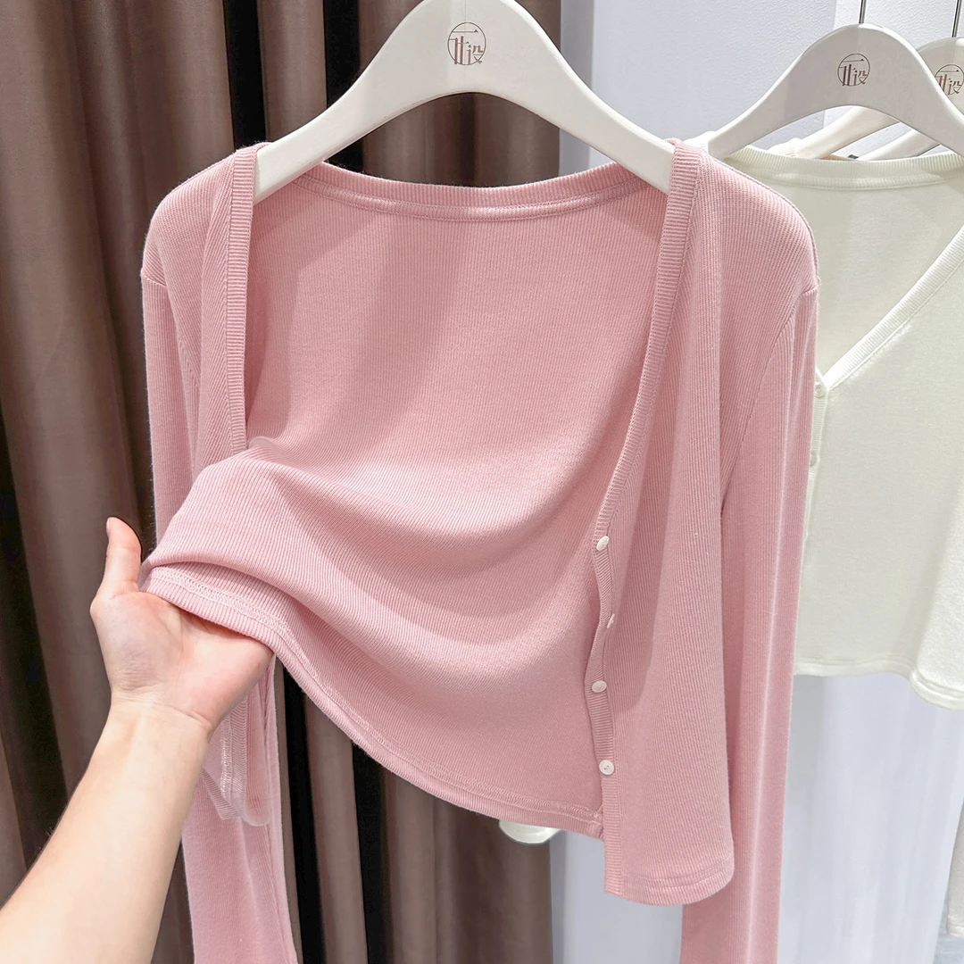 洋气粉色配裙子外搭长袖针织开衫春季新款小披肩别致通勤短外套女