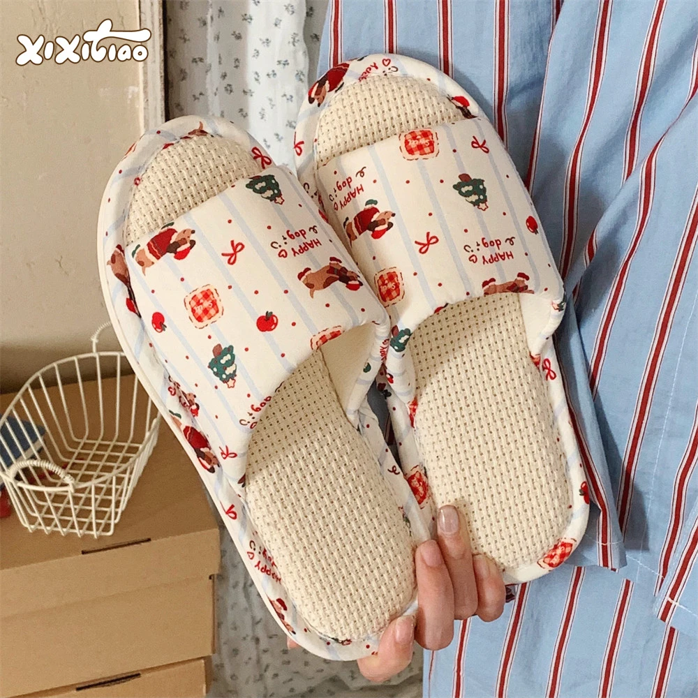 细细条 可爱圣诞树趣味小狗日系少女心地板鞋女四季通用棉麻拖鞋