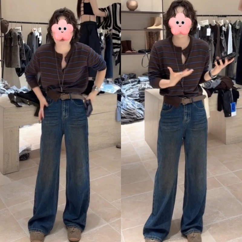 秋季显瘦长袖条纹开衫+高腰窄版牛仔直筒裤LK2505996