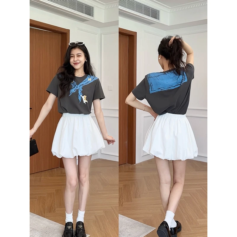 张阿星【共枕夏风】设计感印花短袖棉T+显瘦花苞裙裤  W425A09502-1