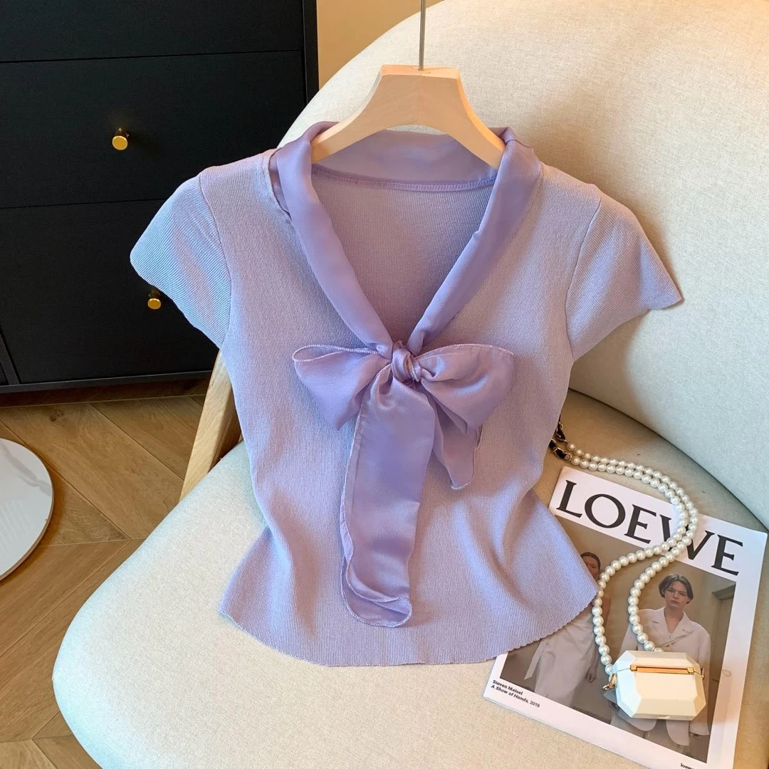 显瘦设计薄款洋气V小衫蝴蝶结针织衫上衣法式领感女别致绝美独特