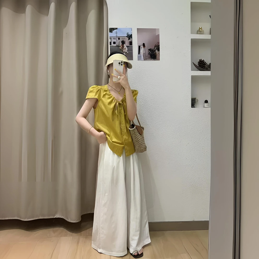 夏季设计感V领气质短袖上衣+高腰阔腿松紧裤裙时尚套装休闲显瘦