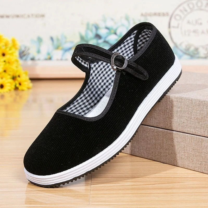 女款平底女中老年舒适透气老北京布鞋软底防滑耐磨条绒轻薄扣带