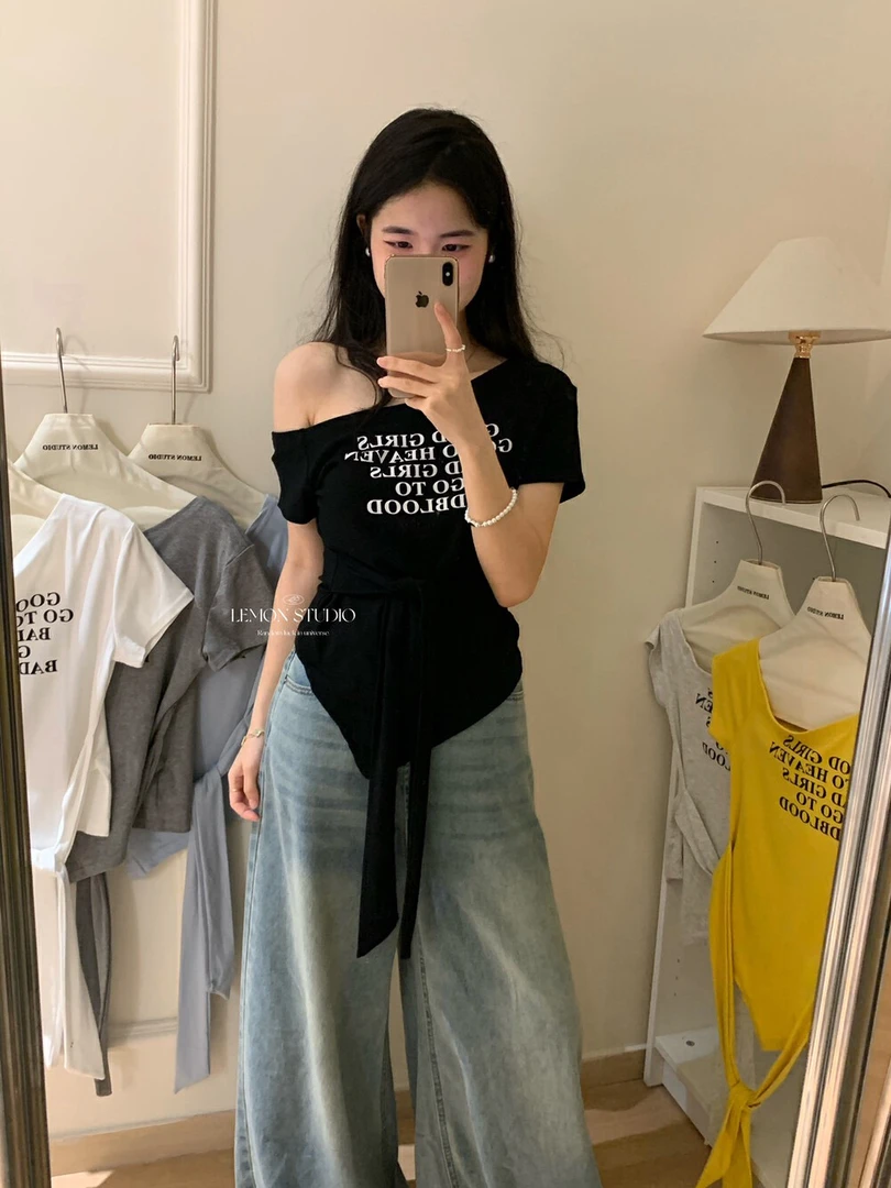 【张开心】绑带极简风字母短袖吸汗修身拼接设计感显瘦T恤