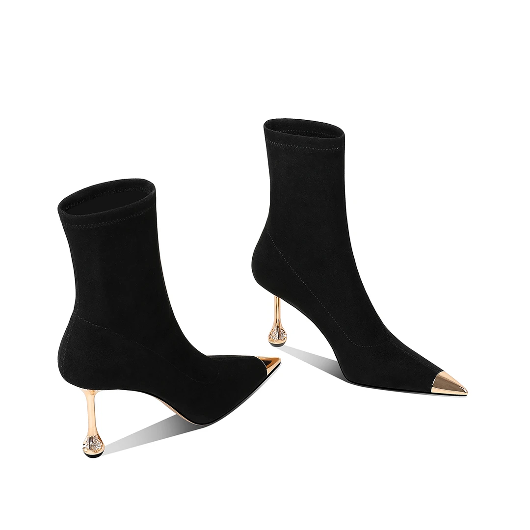 HYSN设计师2025秋季新款经典水钻跟弹力靴性感优雅袜靴黑色瘦瘦靴