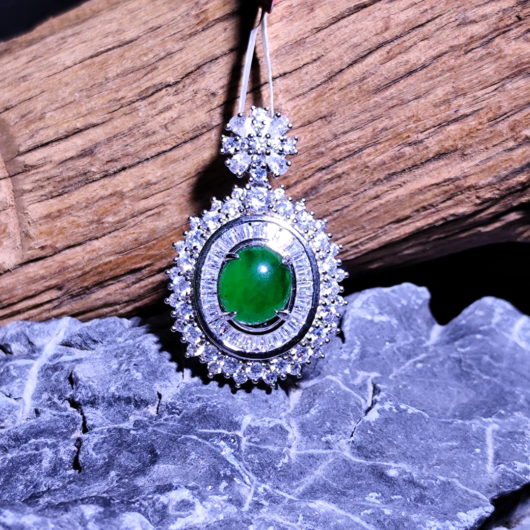 翠贤堂765翡翠蛋面小项链满绿蛋面吊坠镶嵌坠链圆