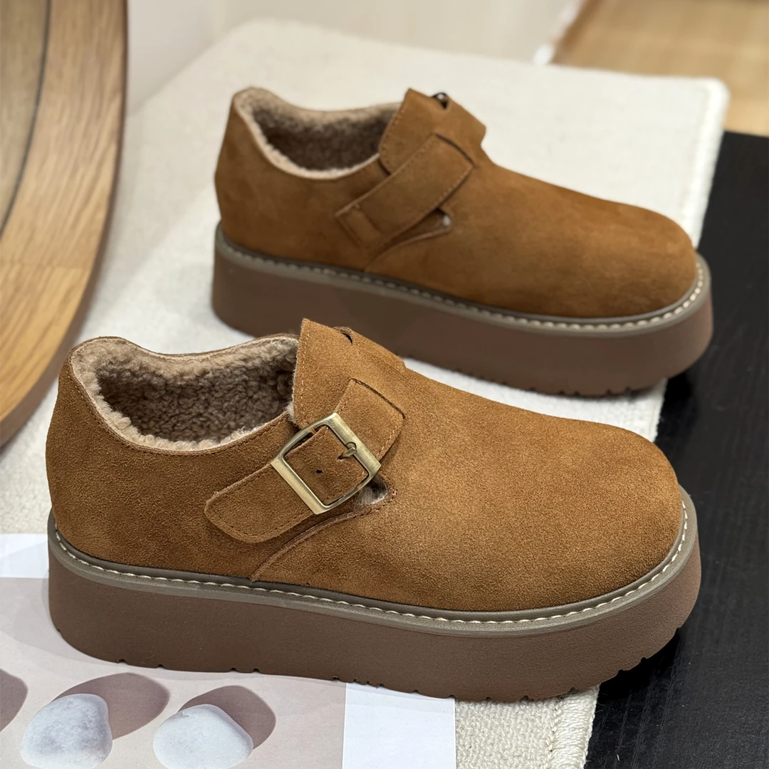 真皮松糕美拉德加绒爆款勃肯鞋女2025新款冬季保暖厚底学院风棉鞋