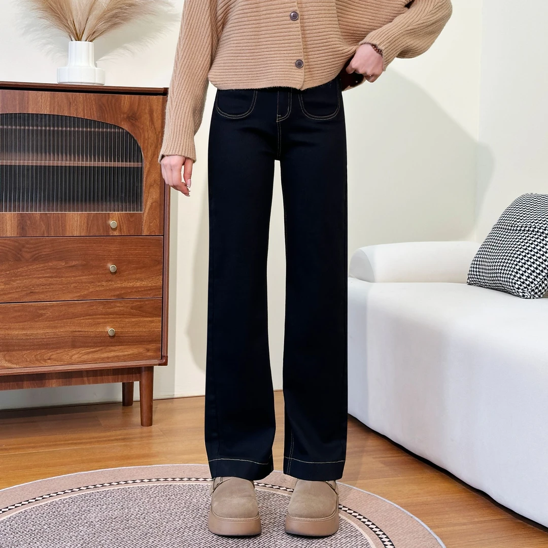 E春夏新款弹力牛仔长裤显瘦高腰直筒加绒修身保暖弹力牛仔裤女