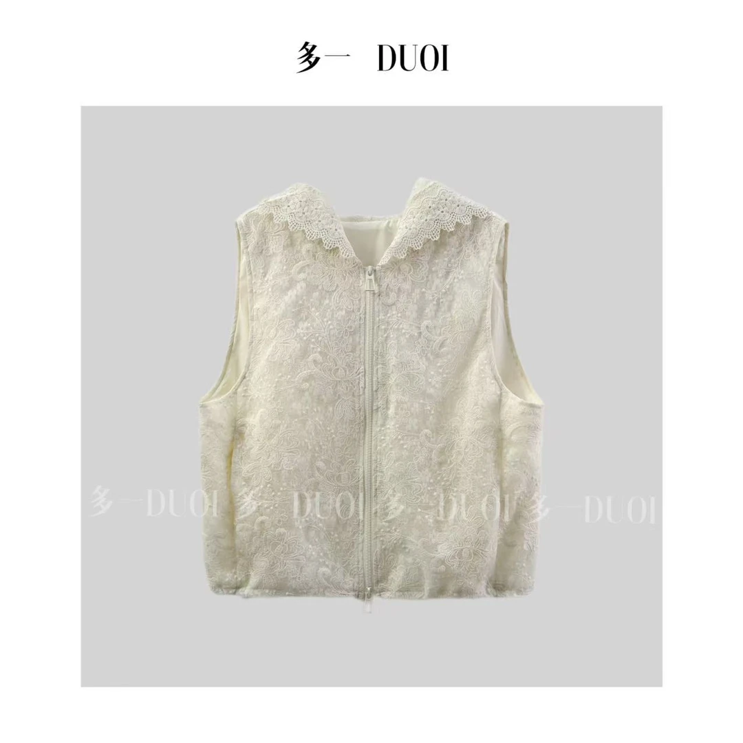 多一“绒花”2025春季百搭连帽拉链重工蕾丝钩花设计无袖叠穿马甲