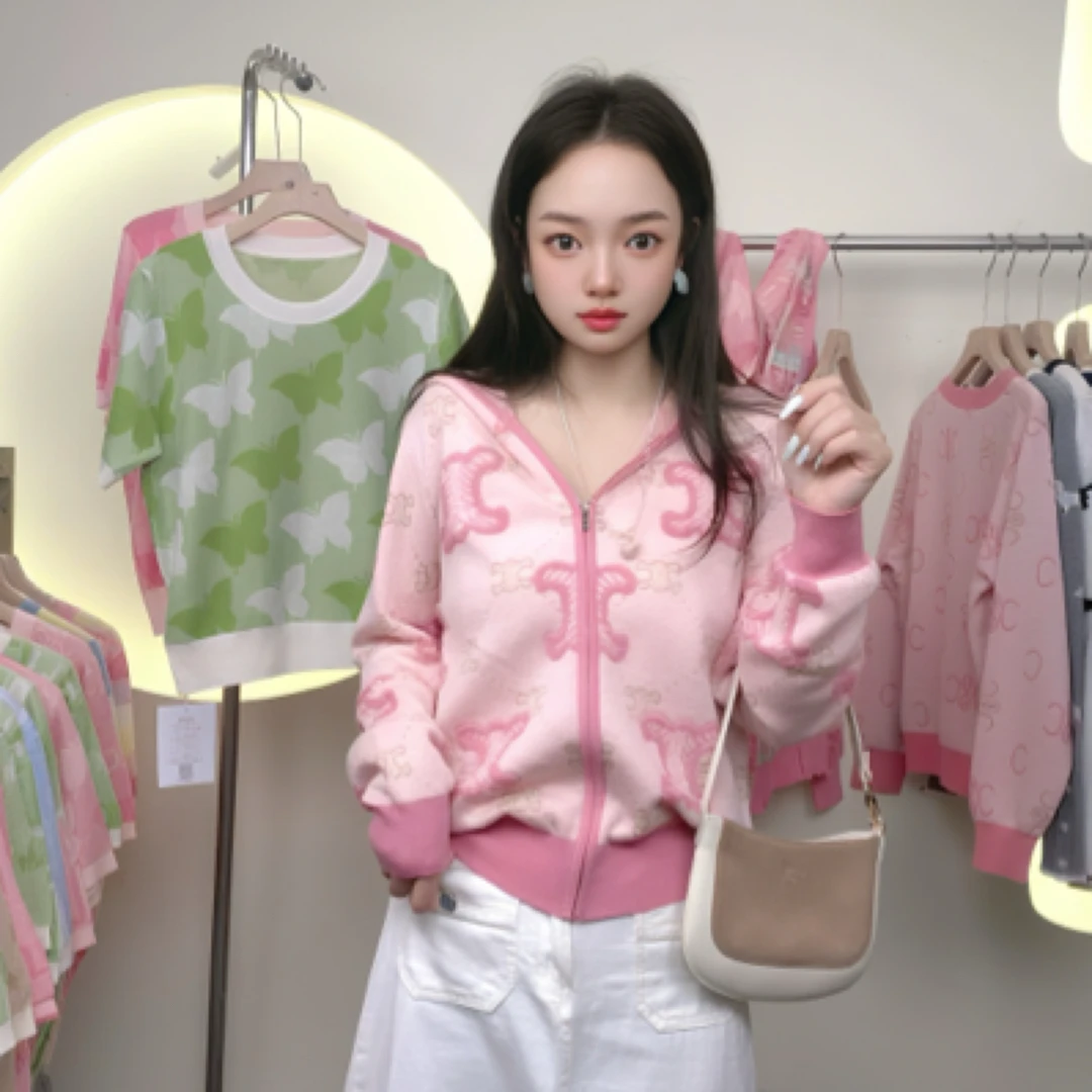 2025春秋款金线绣花百搭显瘦C字母针织开衫时尚气质百搭连帽外套