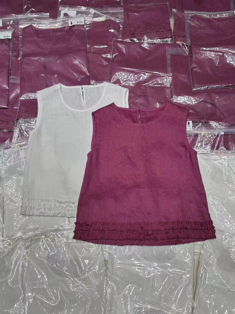 【BAI】100亚麻夏季新款时尚圆领无袖木耳边背心上衣女T163