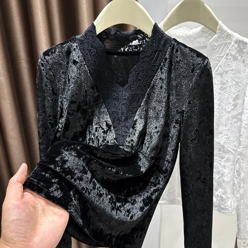 黑色性感深V领丝绒蕾丝打底衫女秋季高级感钻石毛小衫内搭薄上衣