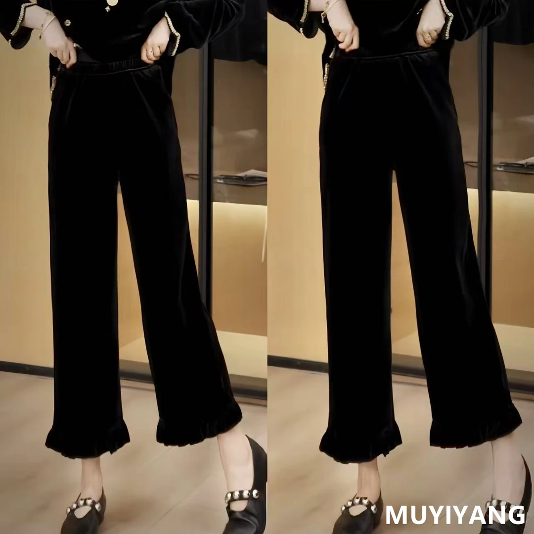 【波浪裤】设计感小众木耳边丝绒高定版休闲裤 裤长90 25-389#