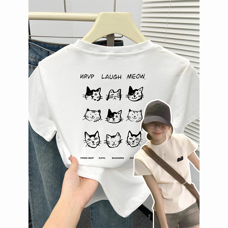 猫头线条设计感修身短袖T恤衫女时尚辣妹正肩上衣夏季棉弹力半袖
